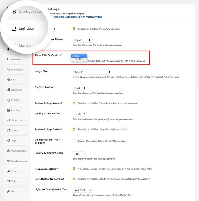 Display image title in the Envira Lightbox by selecting it from the dropdown on the Lightbox tab