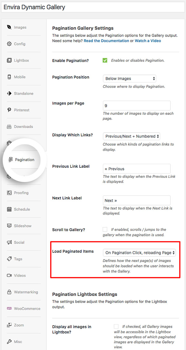 Use On Pagination Click, reloading Page for dynamic paginated galleries.
