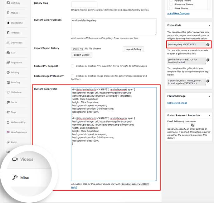 Add your CSS to the Misc tab in the Custom Gallery CSS box to customize lightbox arrows