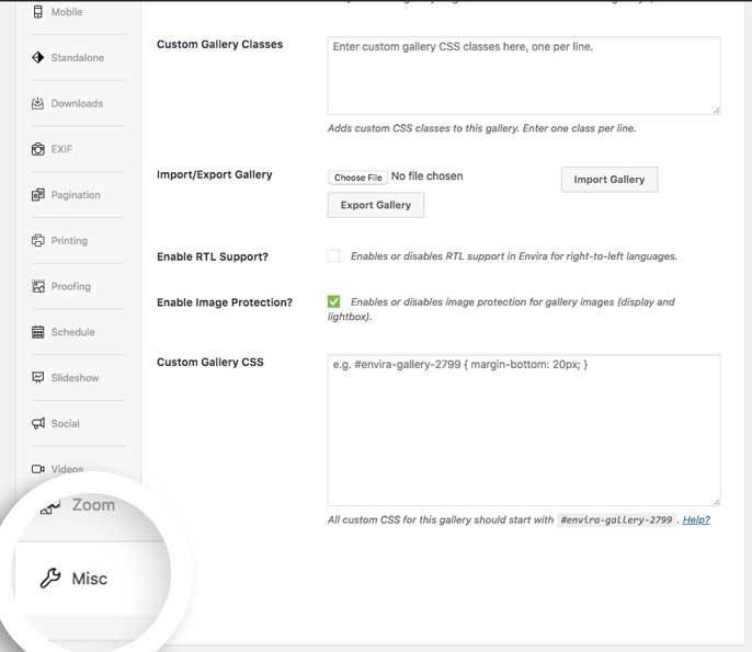Navigate to the Misc tab to import and export galleries