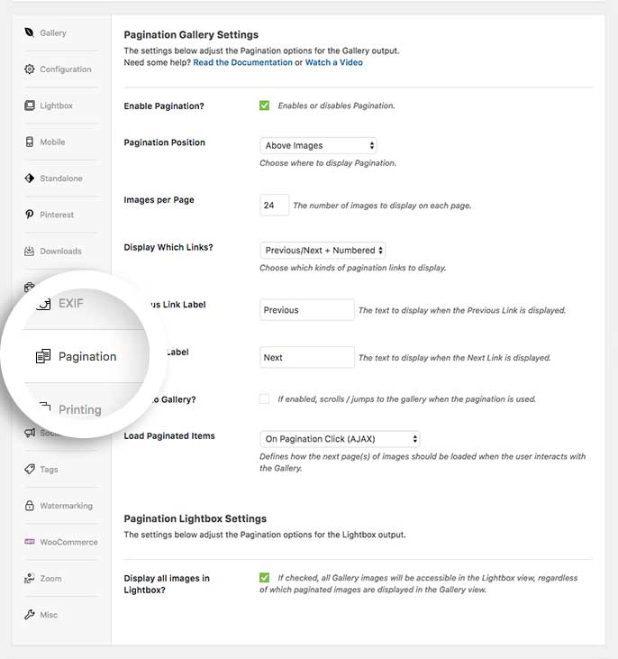 Click on the Pagination tab to enable pagination for your gallery