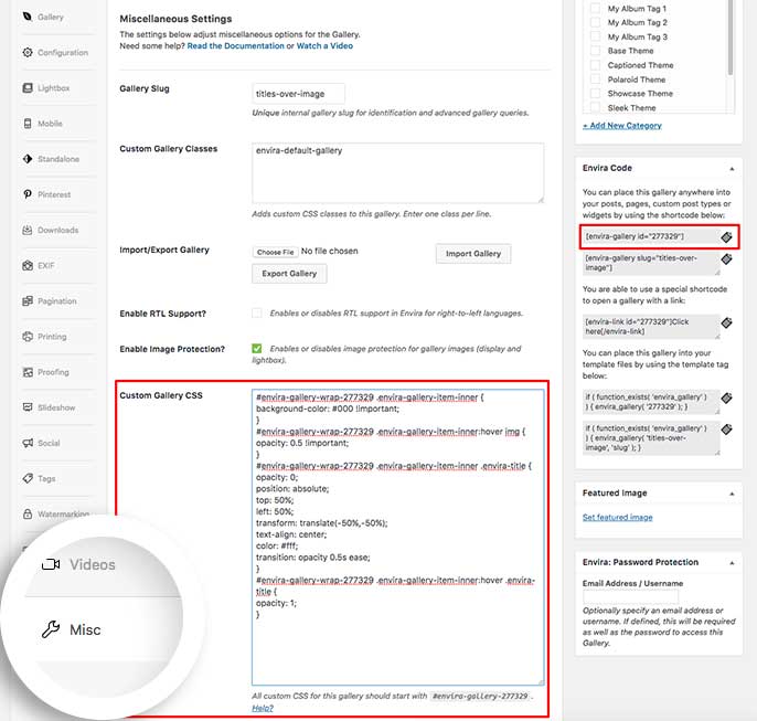 Add your CSS to the Misc tab in the Custom Gallery CSS box to display the title over the gallery image 