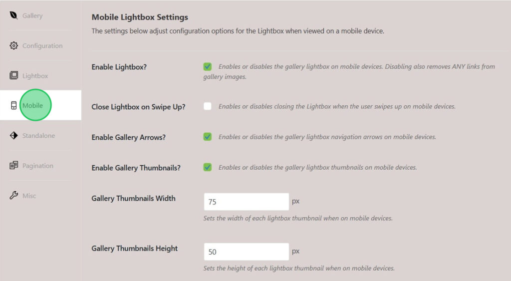 Mobile Lightbox Settings