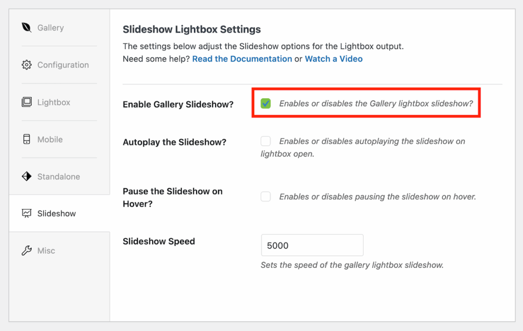 Enabling the Envira Gallery slideshow feature