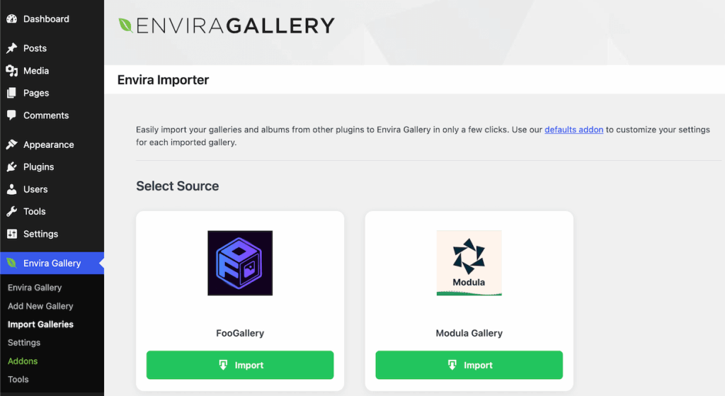 Envira > Import Galleries