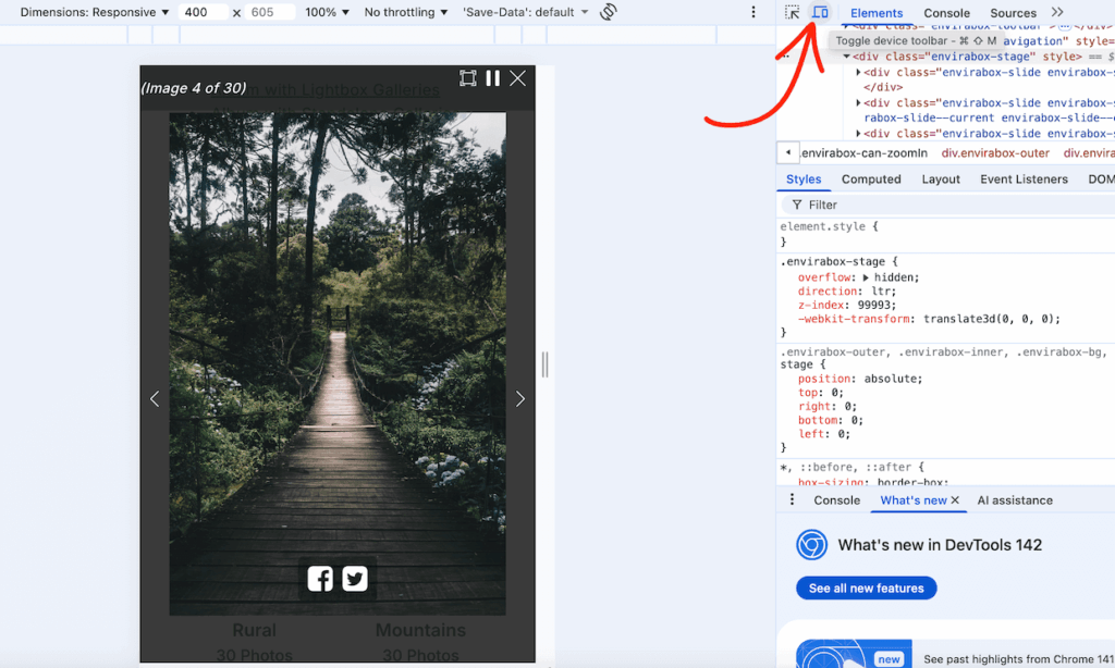 Google developer tools mobile view of a gallery made with Envira