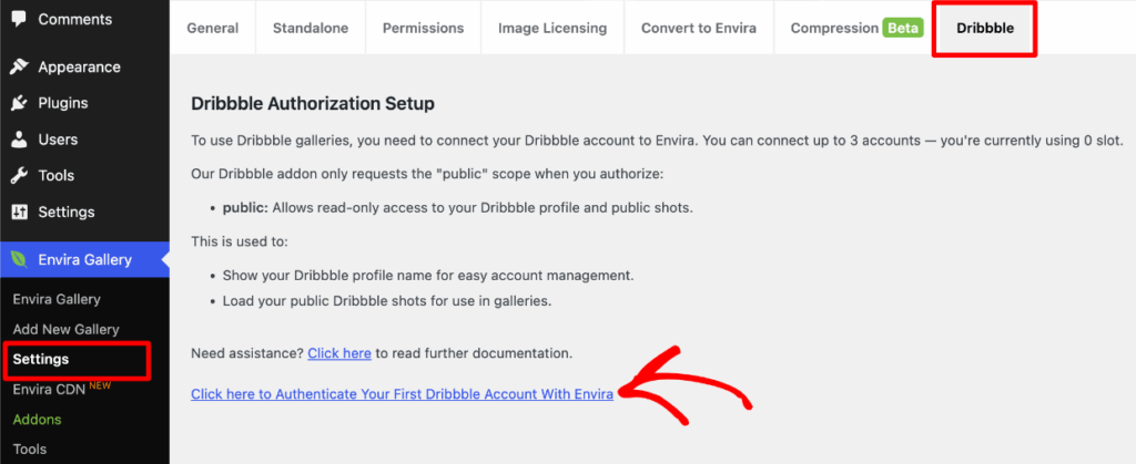 Envira Settings > Dribbble authorization