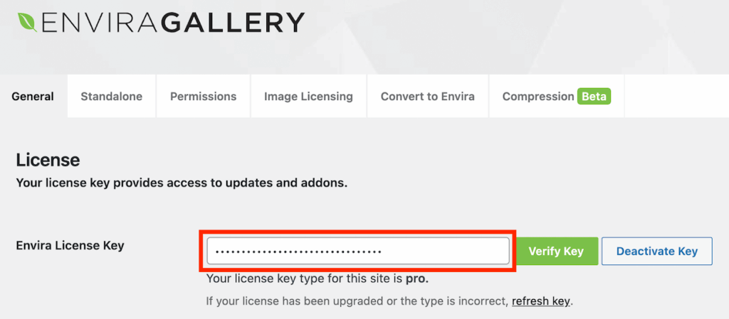 Verify Envira Gallery license key